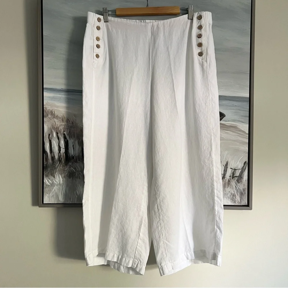 J. Jill Love  Linen Sailor White Wide-Leg Crop Pants Sz L Petite High Waisted